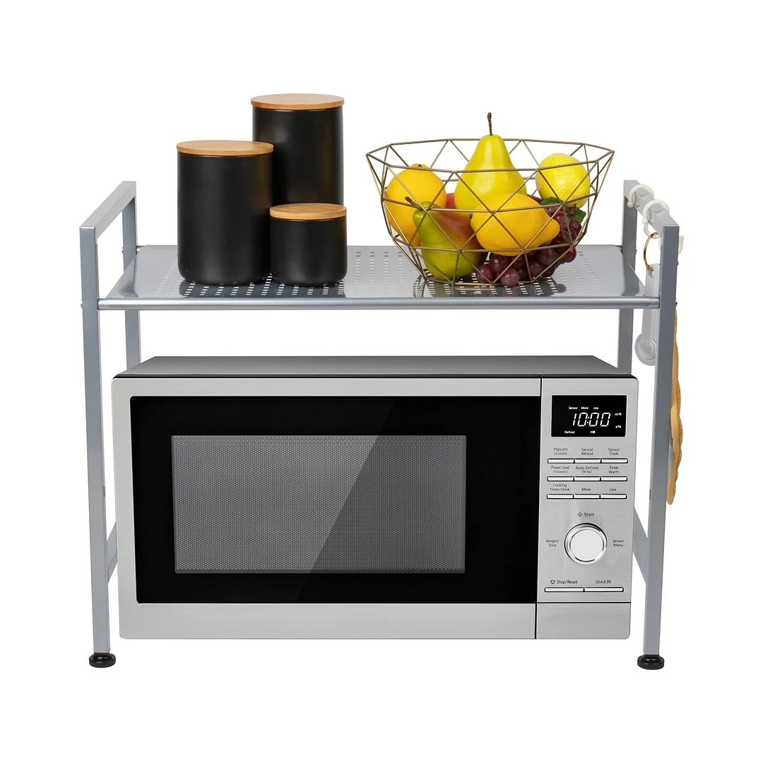 Mind Reader Metal Top Microwave Shelf Counter Unit With 2 Hooks, Silver (STMIC-SIL)