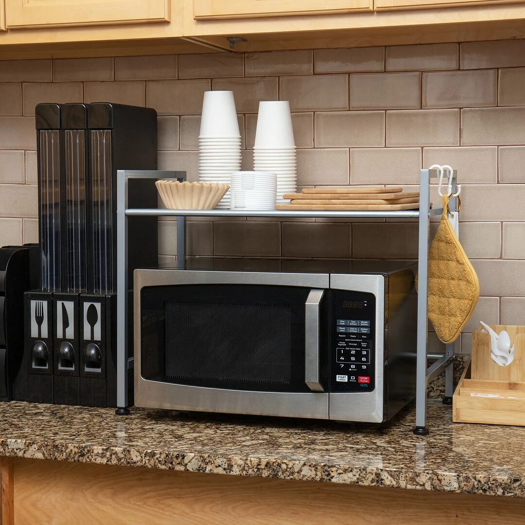 Mind Reader Metal Top Microwave Shelf Counter Unit With 2 Hooks, Silver (STMIC-SIL) - Image 2