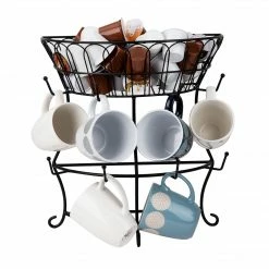 Mind Reader Wire Mesh Countertop Mug Rack With Pegs And Upper Basket, Black (PTREETOP-BLK)