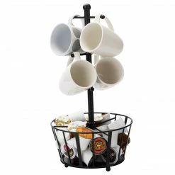 Mind Reader Wire Mesh Countertop Mug Tree With Pegs And Condiment Storage Holder, Black (PTREEBOT-BLK)