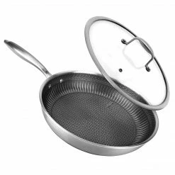 NutriChef Nonstick Tri-Ply Stainless Steel Stir Fry Pan With Glass Lid (12 Inch), (NC3PL12)