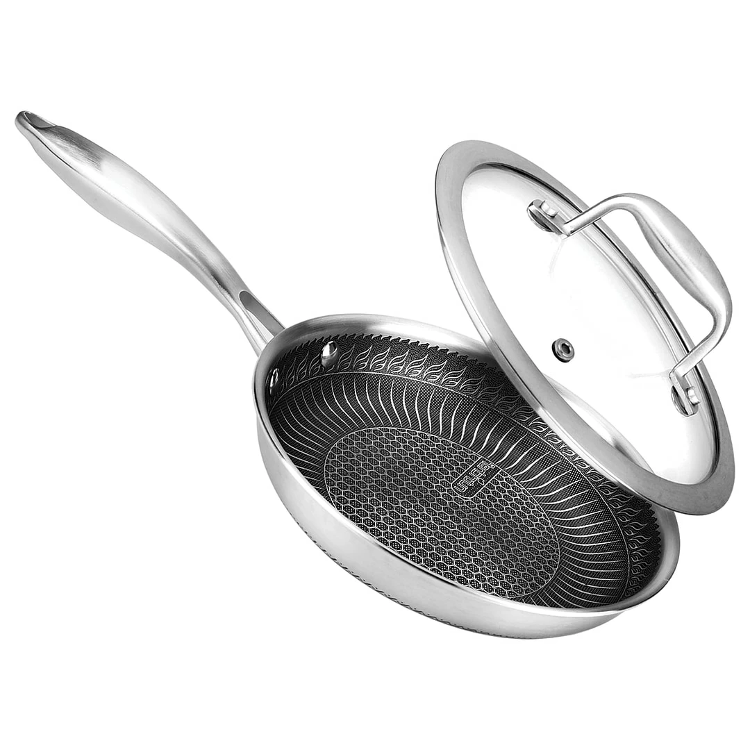 NutriChef Nonstick Tri-Ply Stainless Steel Stir Fry Pan With Glass Lid (8 Inch), (NC3PL8)