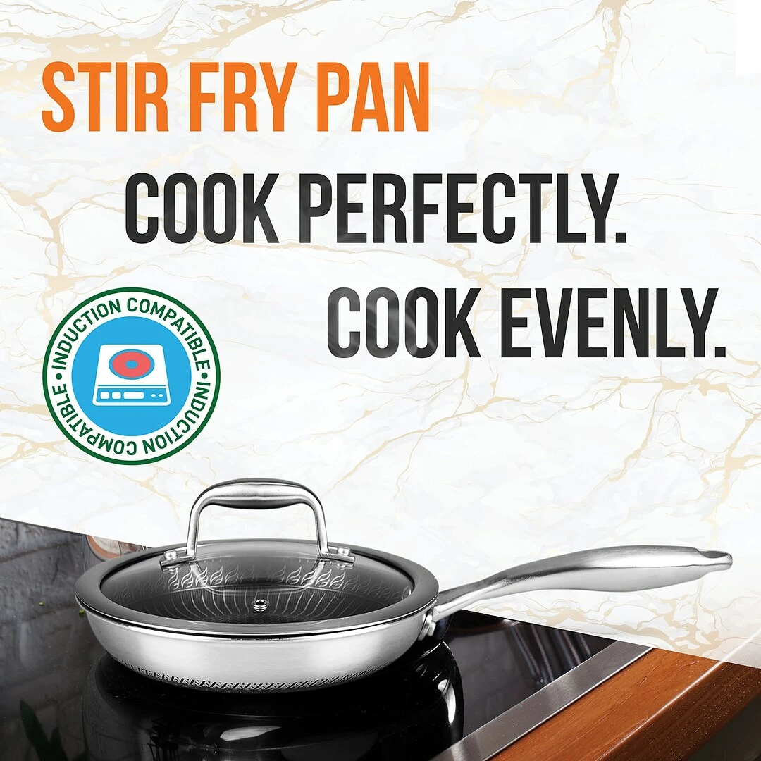 NutriChef Nonstick Tri-Ply Stainless Steel Stir Fry Pan With Glass Lid (8 Inch), (NC3PL8) - Image 4