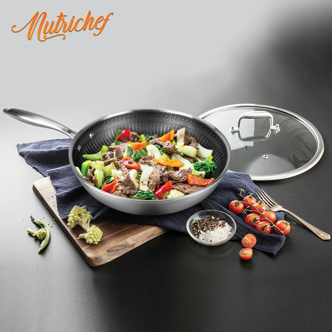 NutriChef Nonstick Tri-Ply Stainless Steel Stir Fry Pan With Glass Lid (8 Inch), (NC3PL8) - Image 7