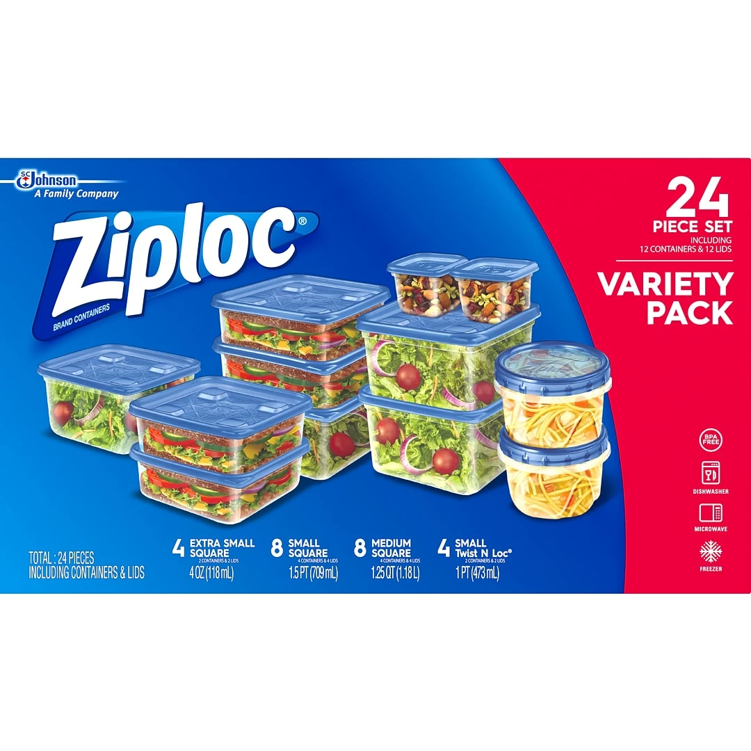 Ziploc Variety Pack Containers With Lids, Assorted Sizes, 24 Pieces/Pack (308674)