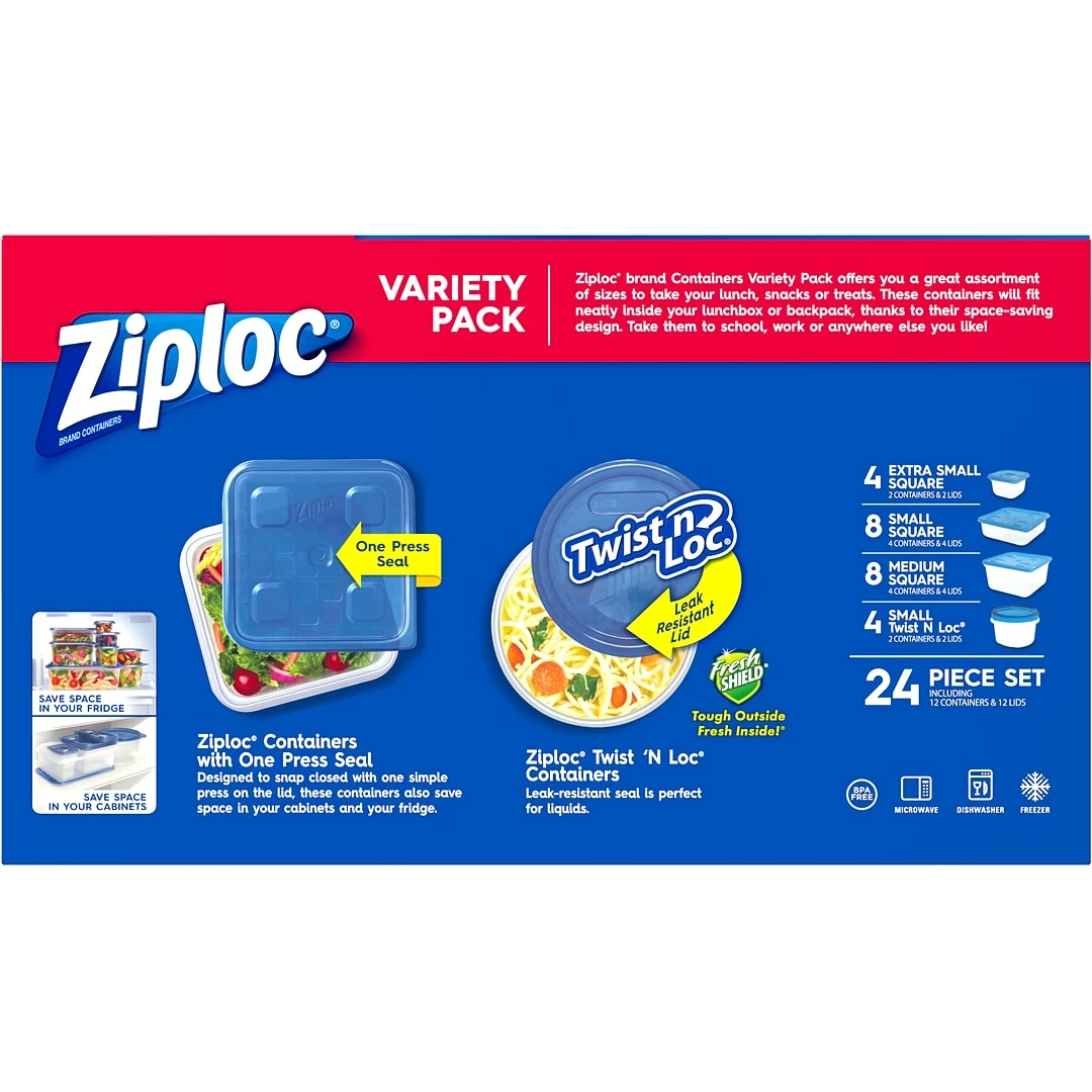 Ziploc Variety Pack Containers With Lids, Assorted Sizes, 24 Pieces/Pack (308674) - Image 2