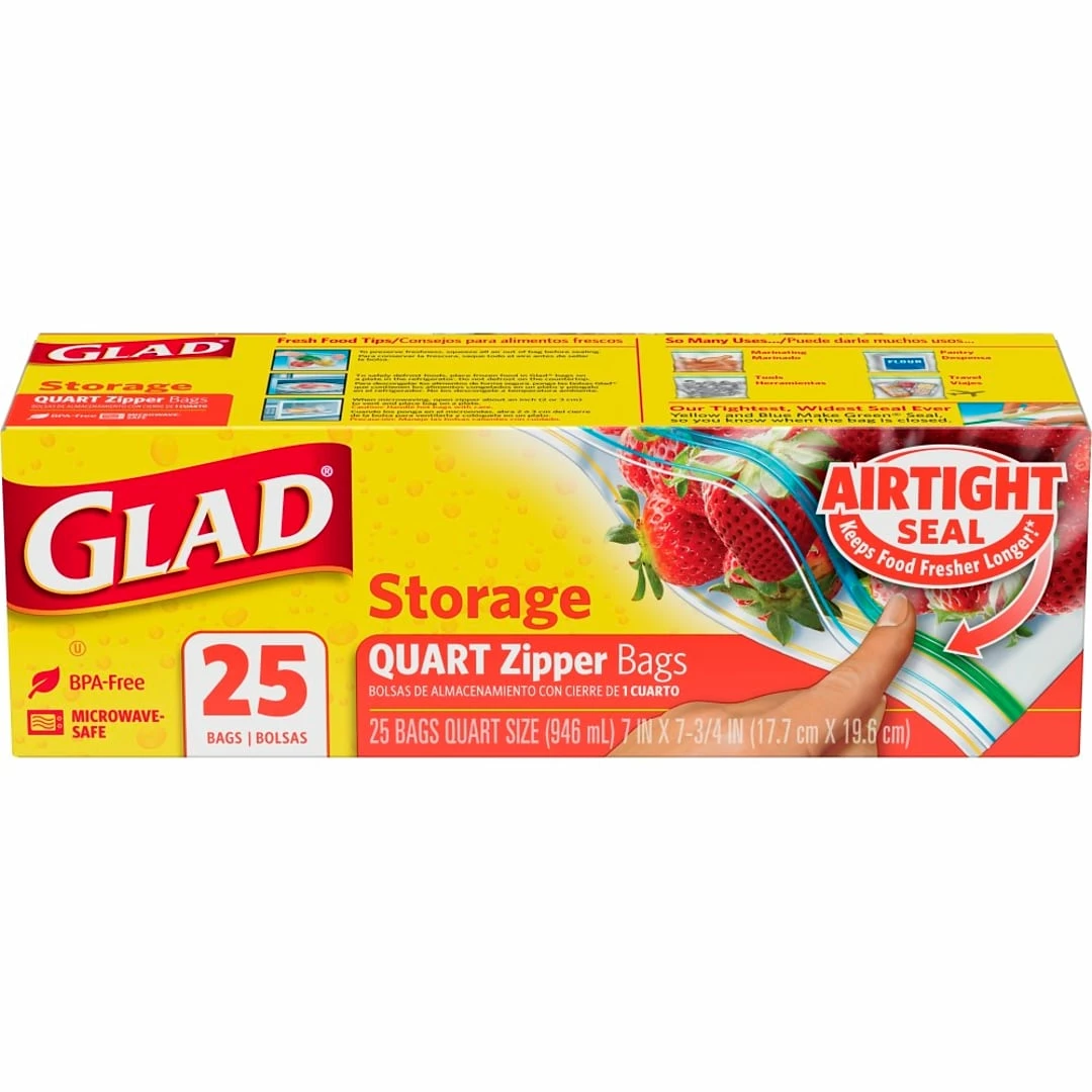 GladĀ® Zipper Storage Bags, Quart, 25/Box (55052)