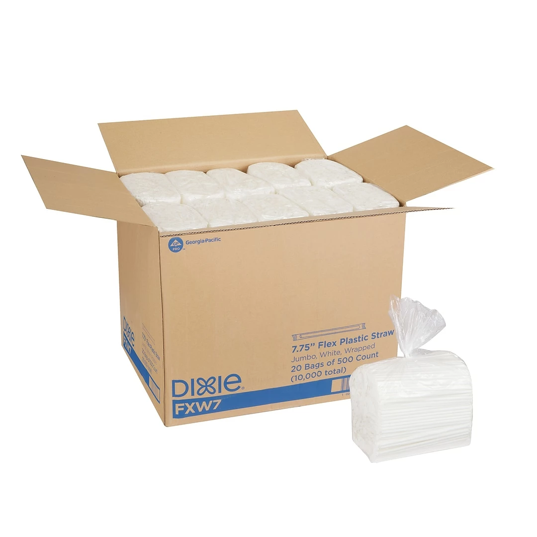 Dixie Wrapped Flex Straws, 7 3/4", Polypropylene, White, 10000/Carton (DIX FXW7)